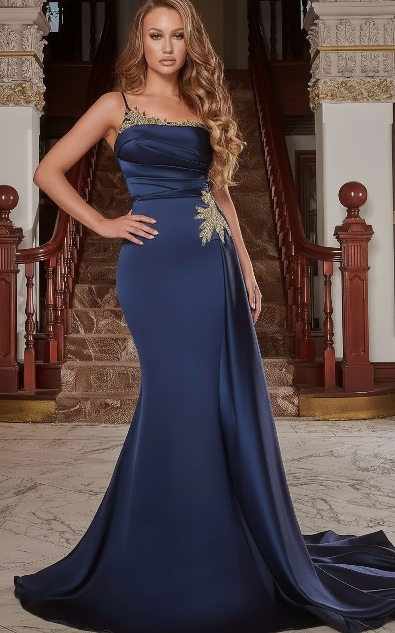 A woman in a fitted blue satin Long Prom Dress, style Portia and Scarlett PS22122, exudes elegant charm.